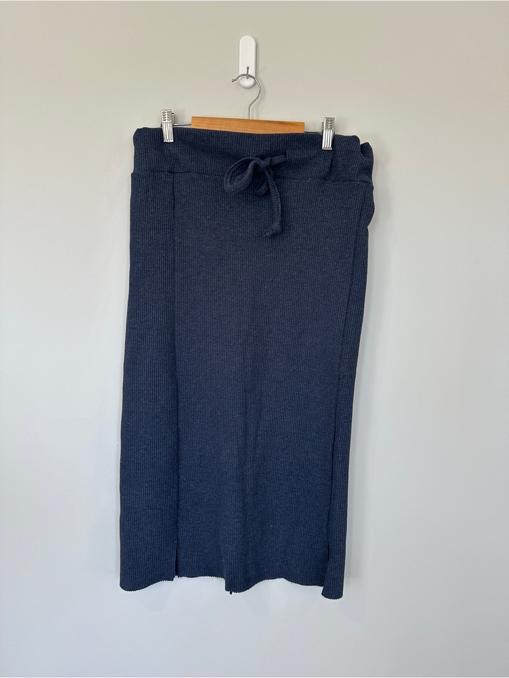 Waffle Knit - Dark Navy Knit Drawstring Midi Skirt - Size-S/XS